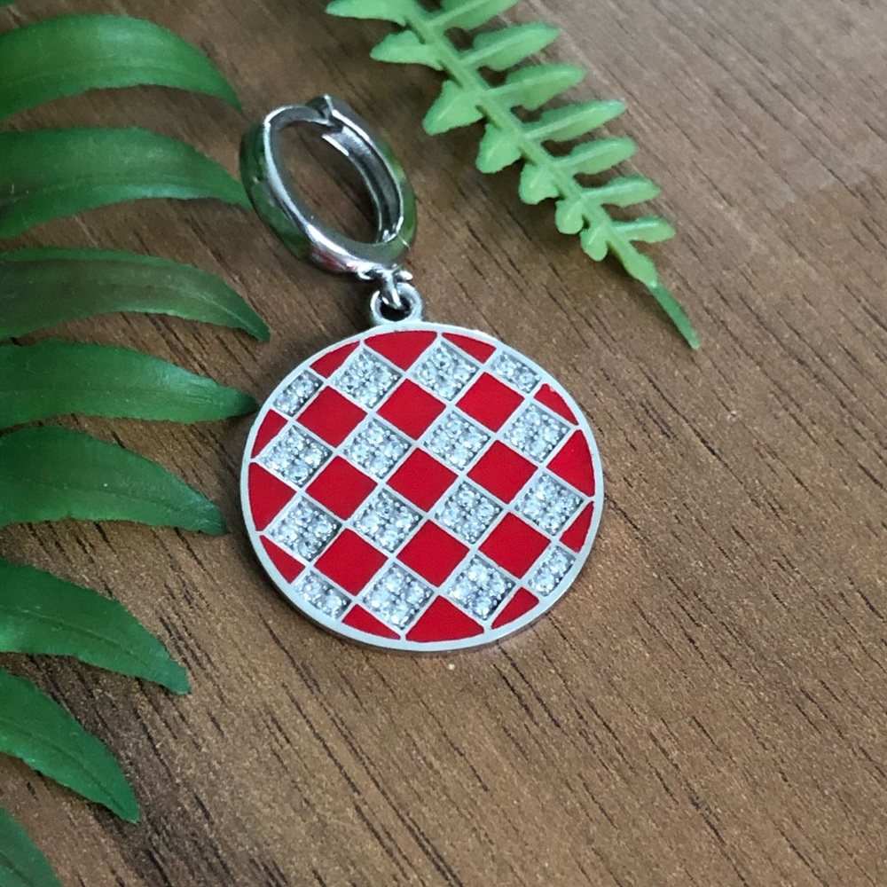 Red squared designed circle necklace or earing!